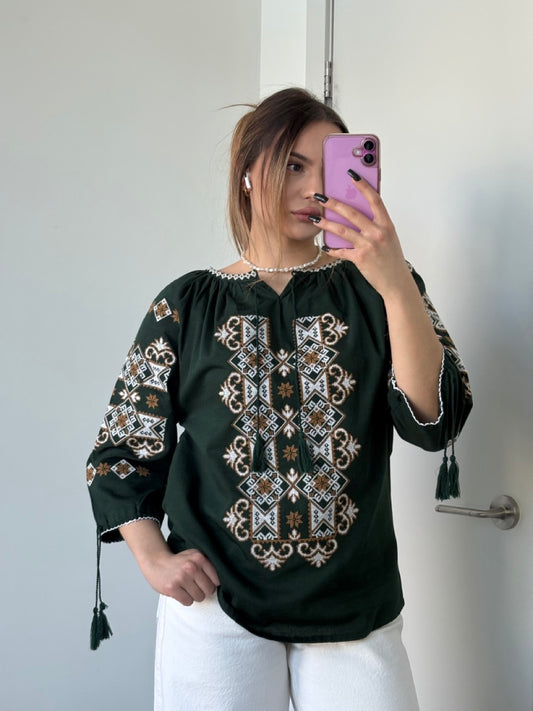 Green Batiste 3/4 Sleeve Women's Blouse with White&Brown Embroidery