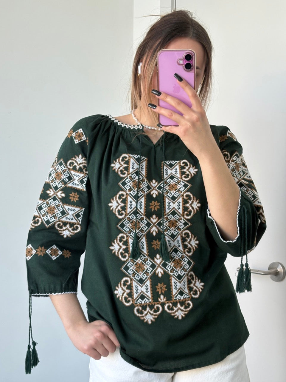 Green Batiste 3/4 Sleeve Women's Blouse with White&Brown Embroidery