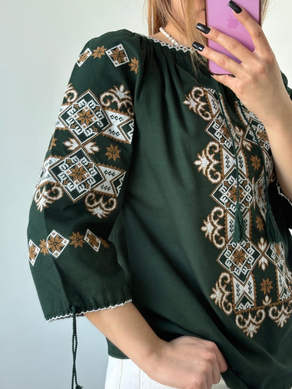 Green Batiste 3/4 Sleeve Women's Blouse with White&Brown Embroidery