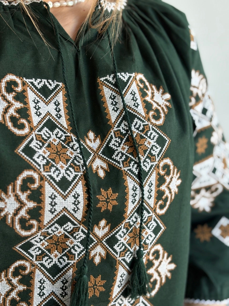 Green Batiste 3/4 Sleeve Women's Blouse with White&Brown Embroidery