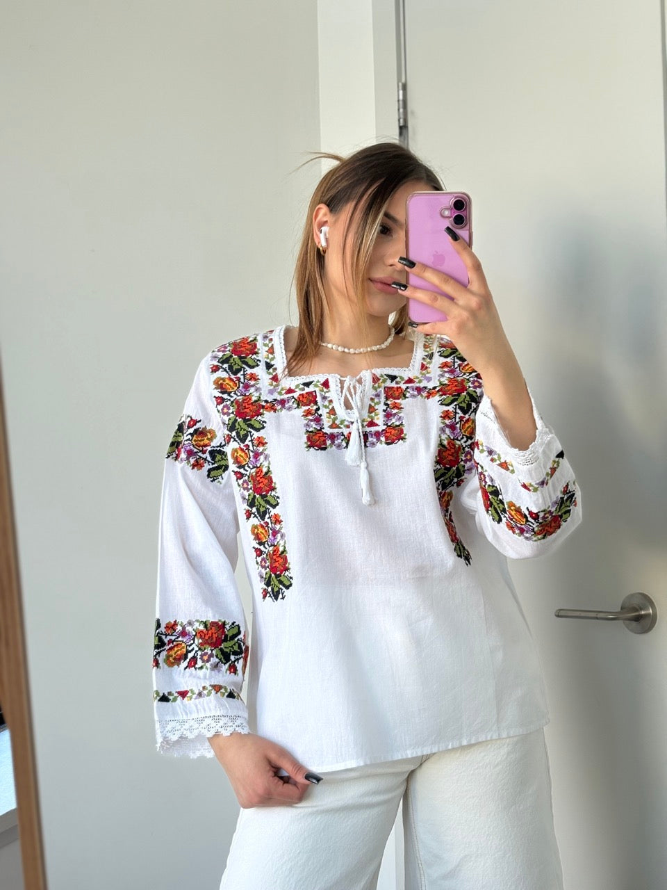 White Batiste Long Sleeve Embroidered Women's Blouse with Flowers