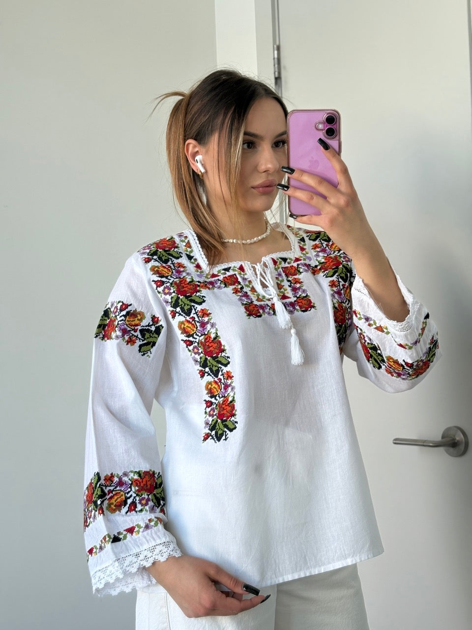 White Batiste Long Sleeve Embroidered Women's Blouse with Flowers