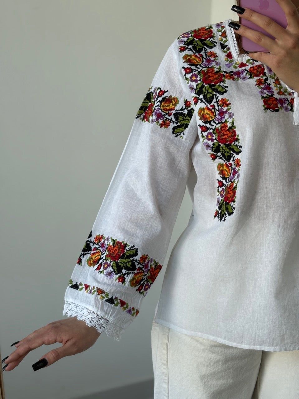 White Batiste Long Sleeve Embroidered Women's Blouse with Flowers