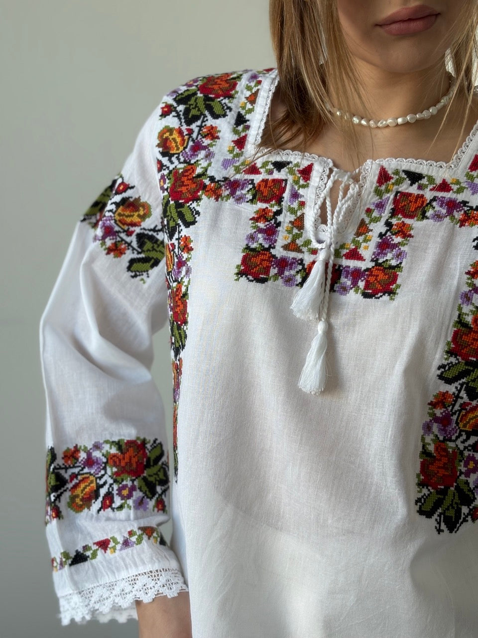 White Batiste Long Sleeve Embroidered Women's Blouse with Flowers