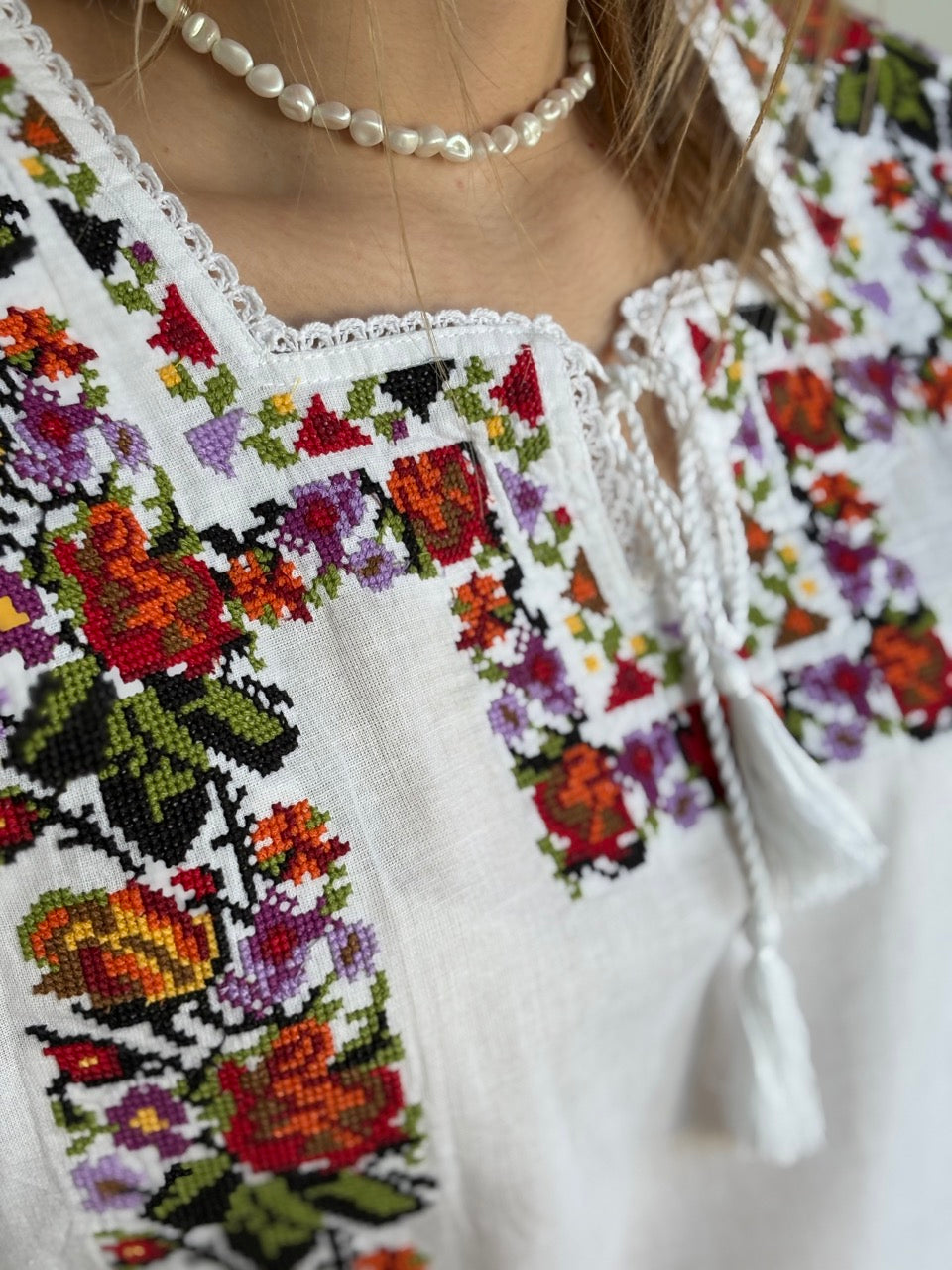 White Batiste Long Sleeve Embroidered Women's Blouse with Flowers