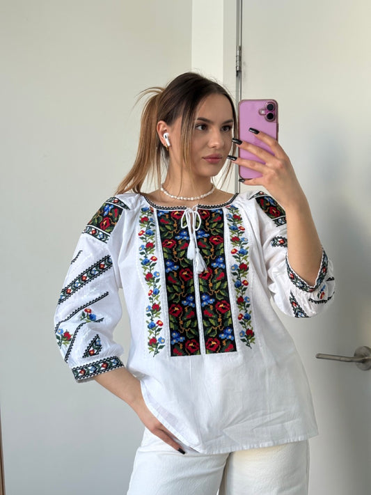 White Embroidered Batiste 3/4 Sleeve Women's Blouse with Flowers - Pattern 3