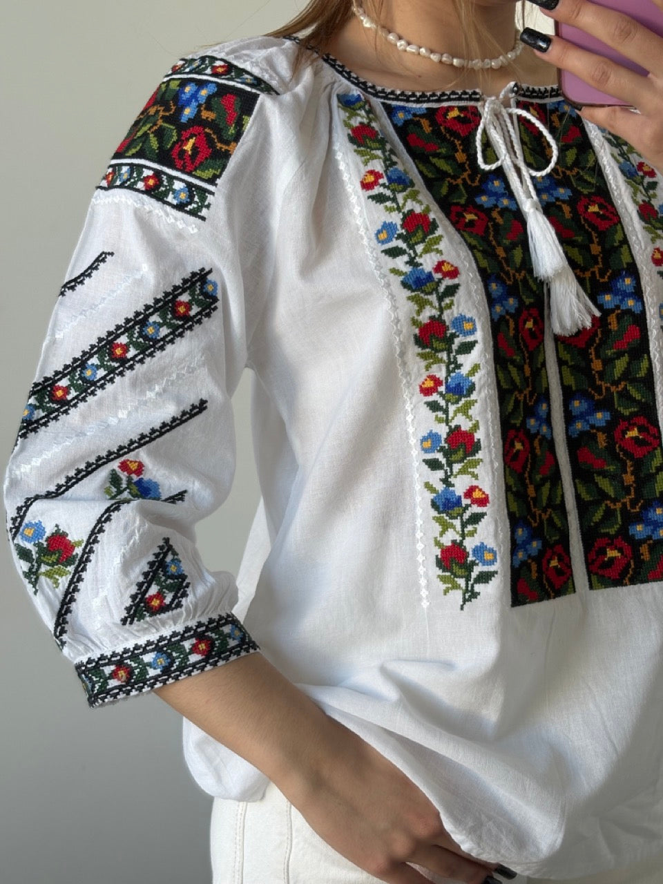 White Embroidered Batiste 3/4 Sleeve Women's Blouse with Flowers - Pattern 3