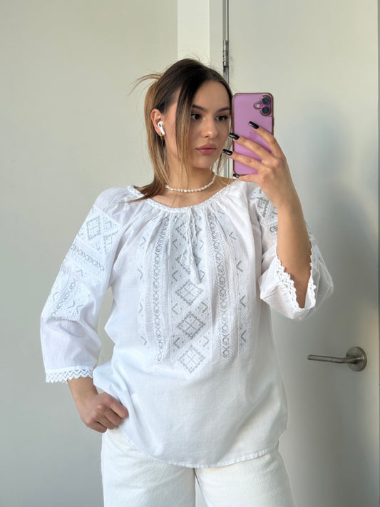 White Batiste 3/4 Sleeve Women's Blouse with White&Grey Embroidery - Pattern 1