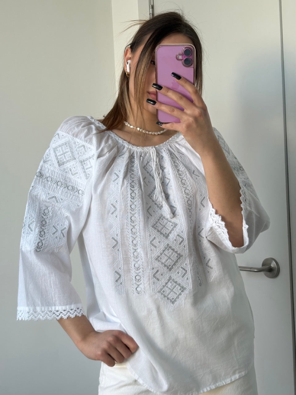 White Batiste 3/4 Sleeve Women's Blouse with White&Grey Embroidery - Pattern 1