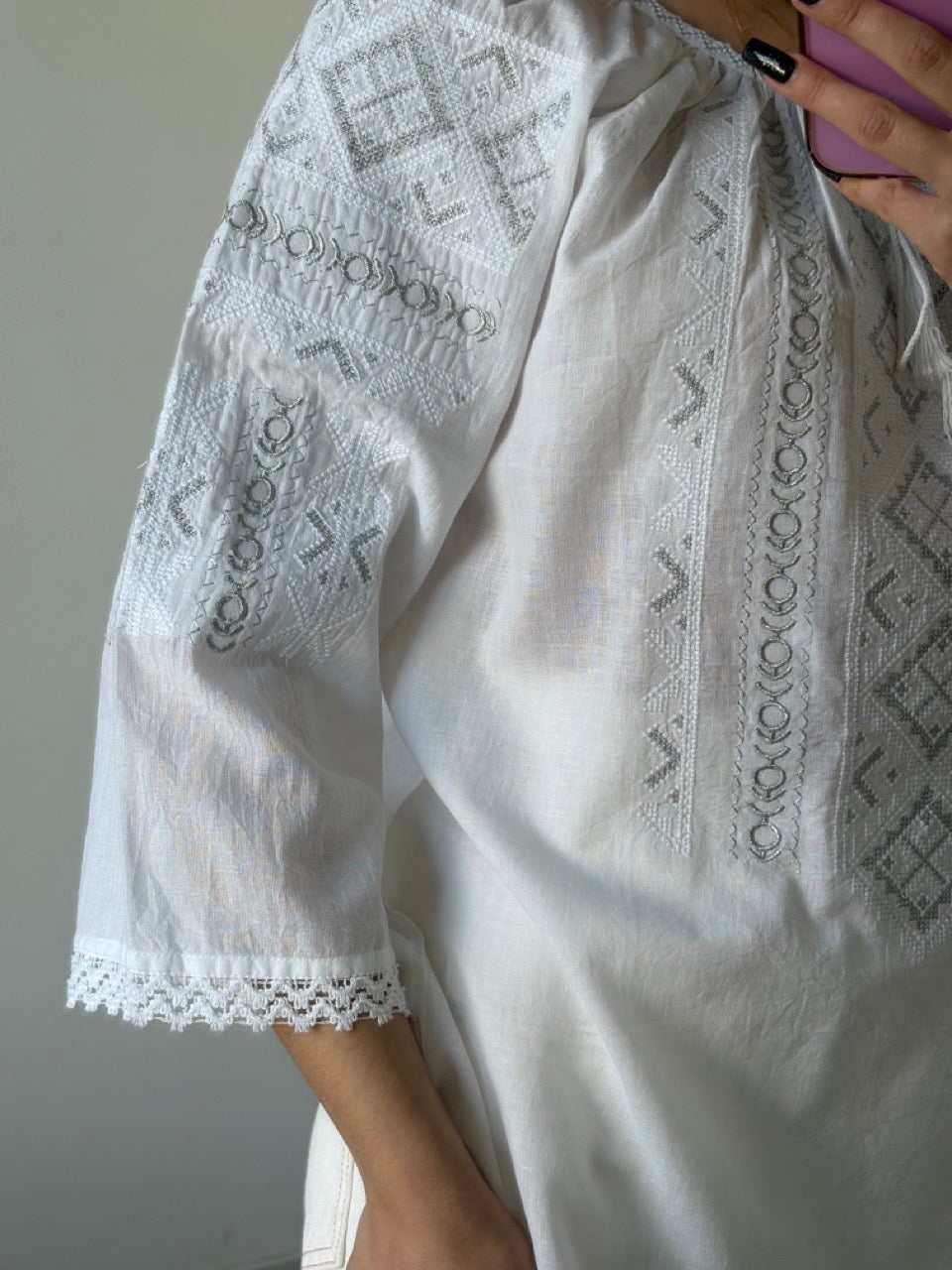 White Batiste 3/4 Sleeve Women's Blouse with White&Grey Embroidery - Pattern 1