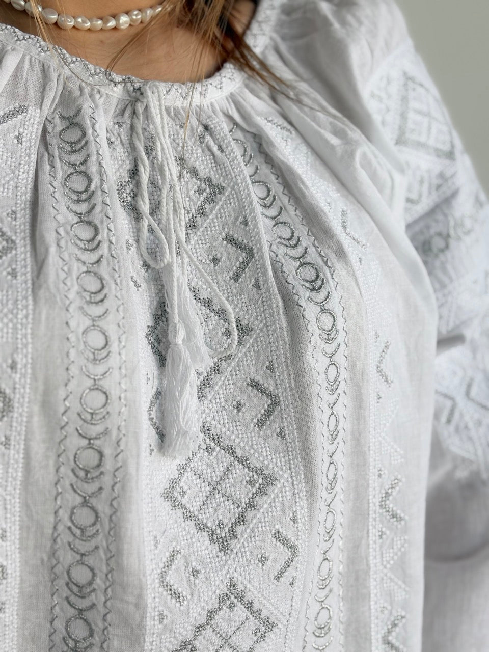 White Batiste 3/4 Sleeve Women's Blouse with White&Grey Embroidery - Pattern 1
