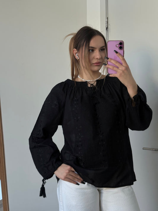 Black Batiste Long Sleeve Women's Blouse with Black Embroidery
