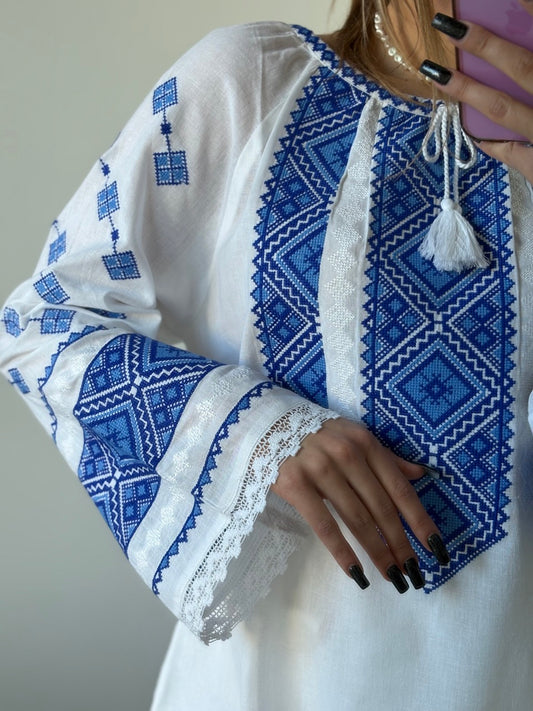 White Batiste Long Sleeve Women's Blouse with Blue Embroidery