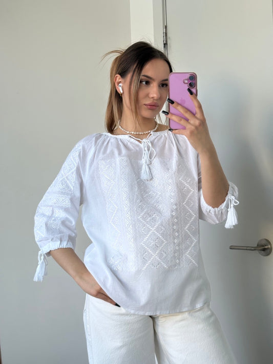White Batiste 3/4 Sleeve Women's Blouse with White Embroidery - Pattern 1