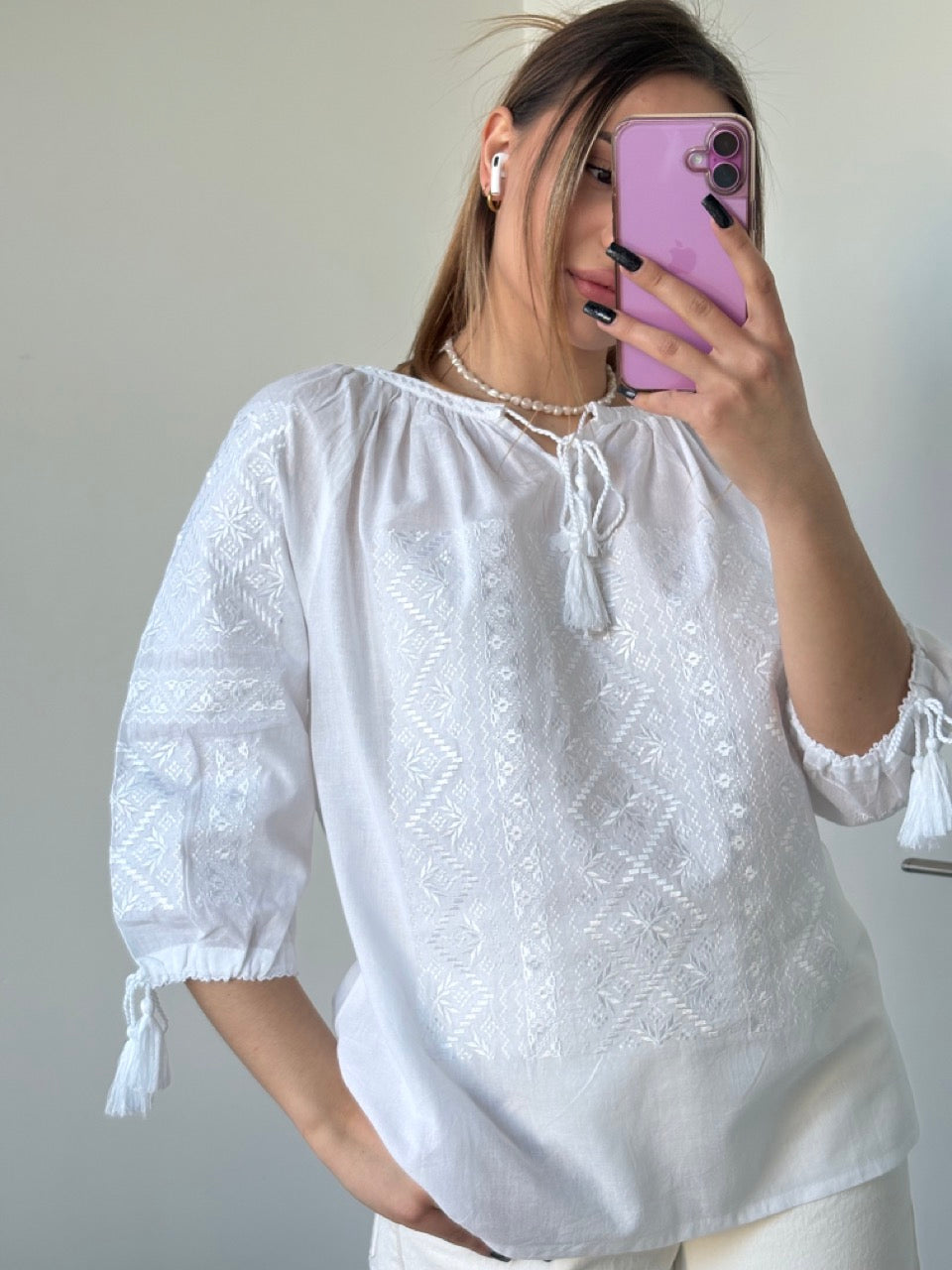 White Batiste 3/4 Sleeve Women's Blouse with White Embroidery - Pattern 1