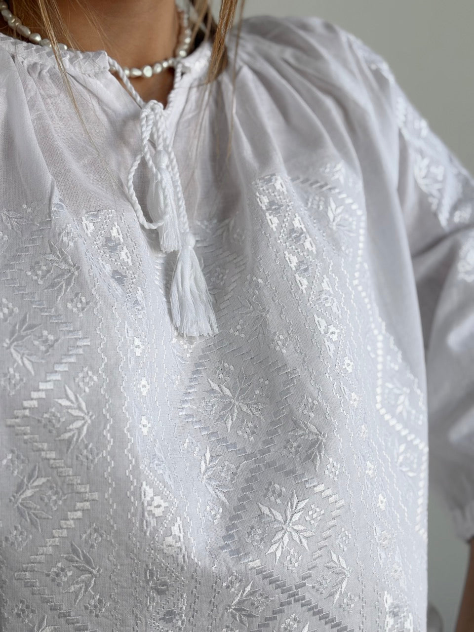 White Batiste 3/4 Sleeve Women's Blouse with White Embroidery - Pattern 1