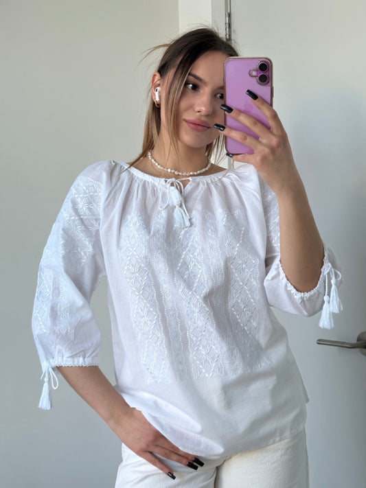 White Batiste 3/4 Sleeve Women's Blouse with White Embroidery - Pattern 2