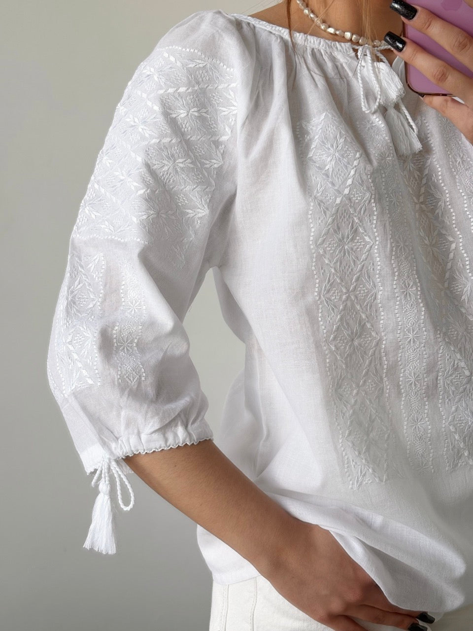 White Batiste 3/4 Sleeve Women's Blouse with White Embroidery - Pattern 2