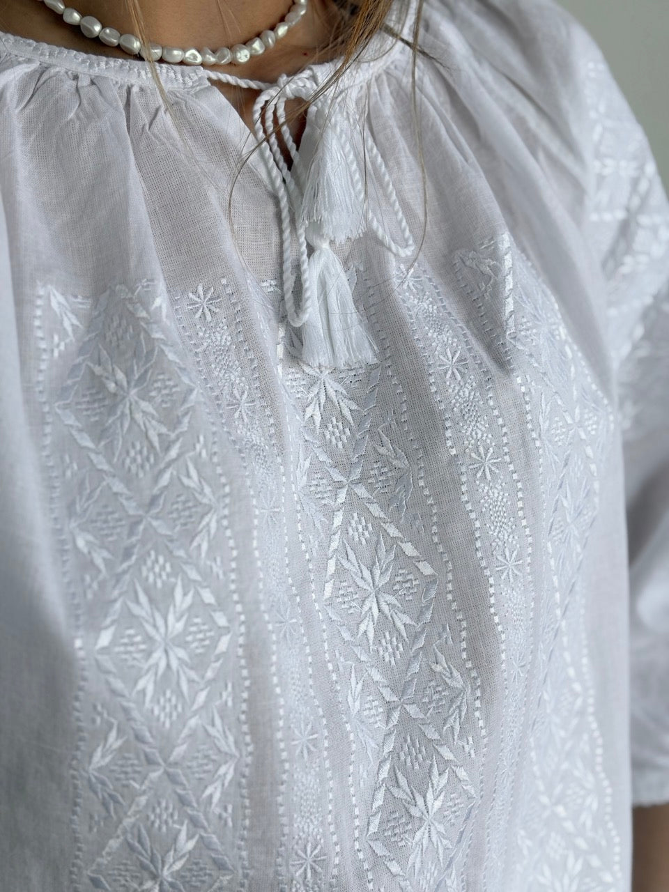 White Batiste 3/4 Sleeve Women's Blouse with White Embroidery - Pattern 2