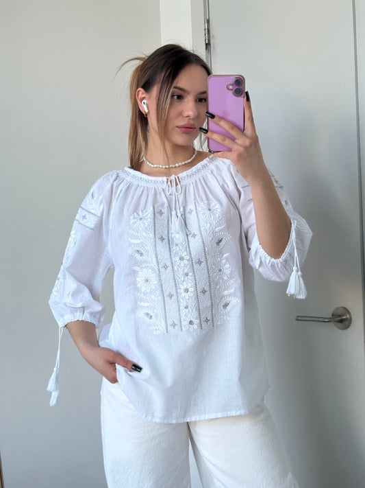 White Batiste 3/4 Sleeve Women's Blouse with White&Grey Embroidery - Pattern 2