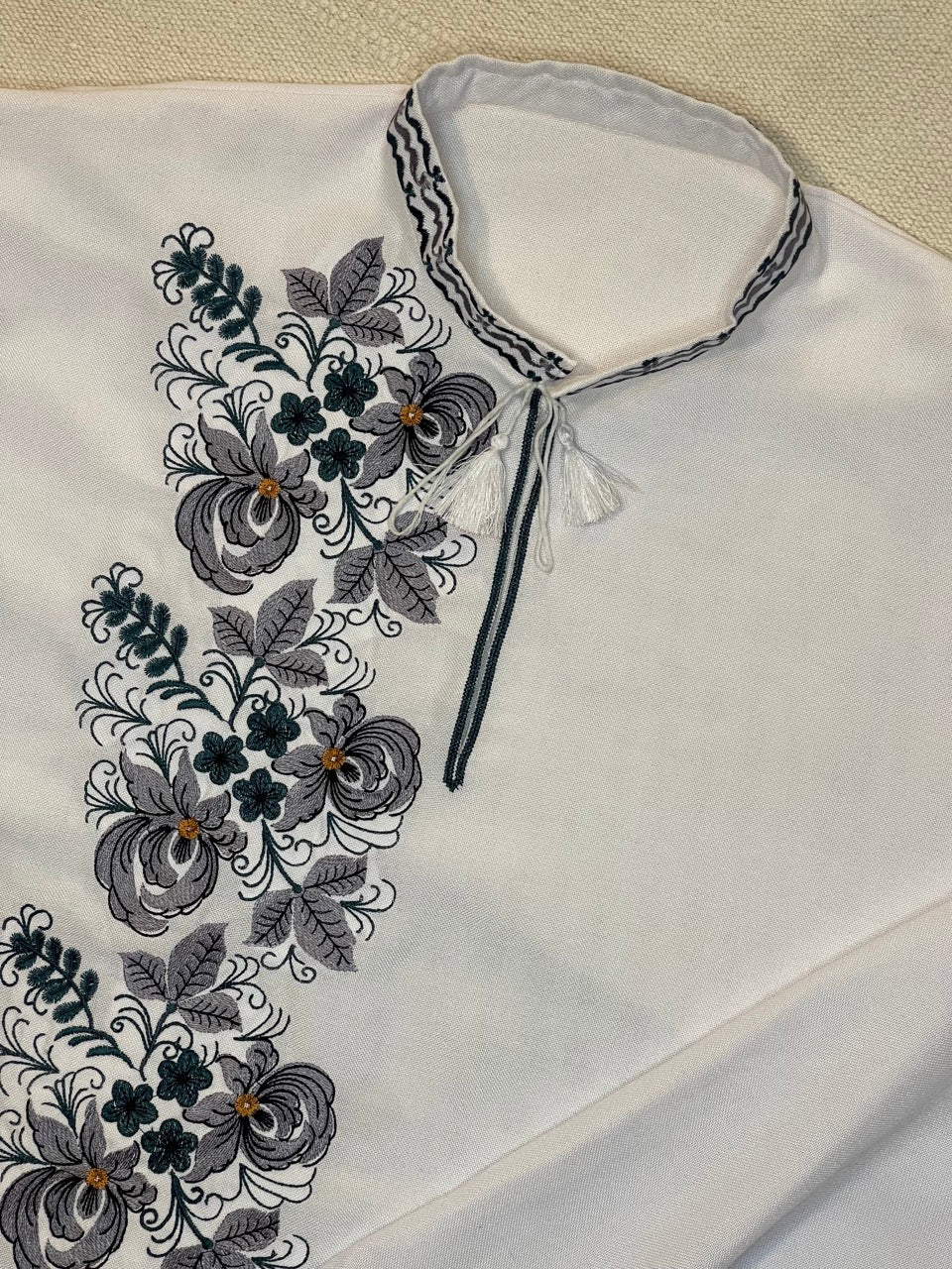 White Men's Shirt with Floral Embroidery on One Side