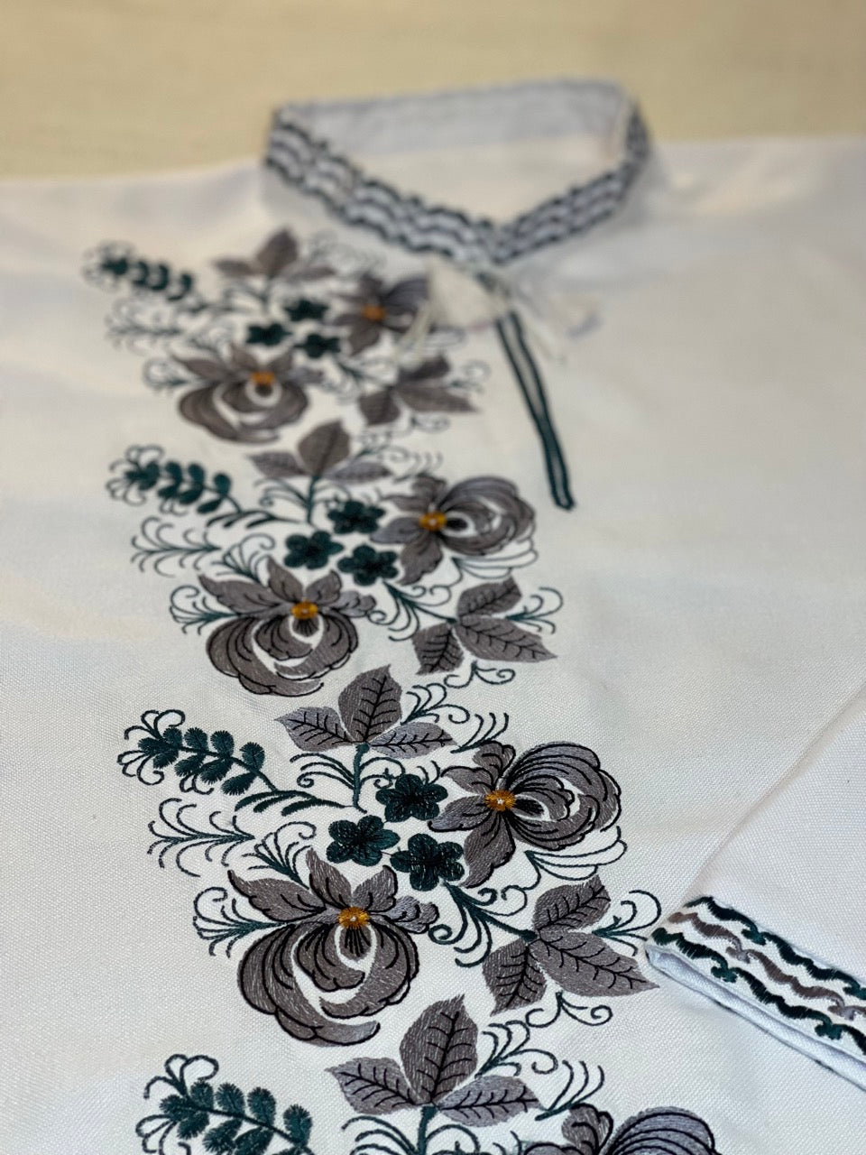 White Men's Shirt with Floral Embroidery on One Side