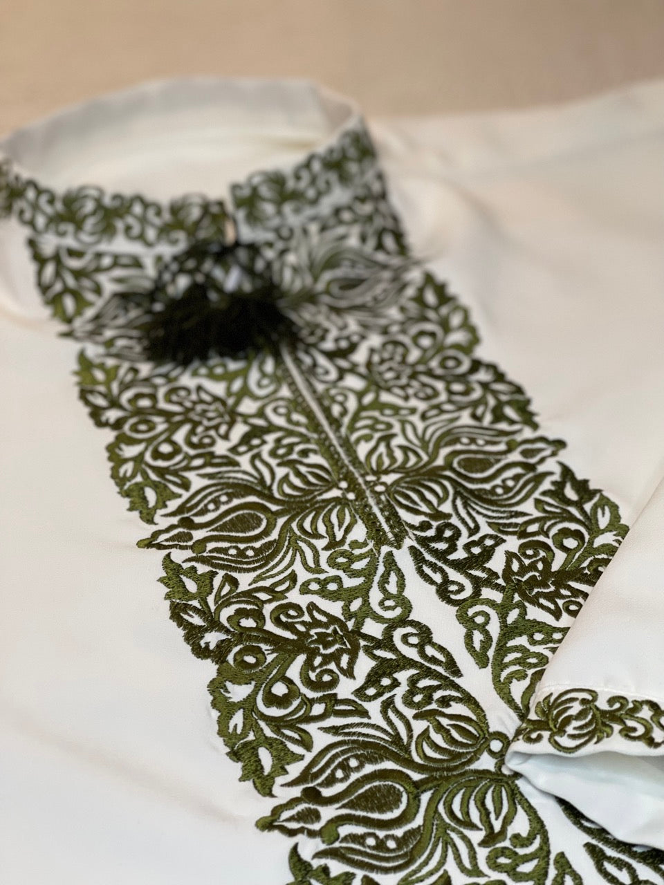 Ivory Men's Vyshyvanka Shirt with Green Embroidery