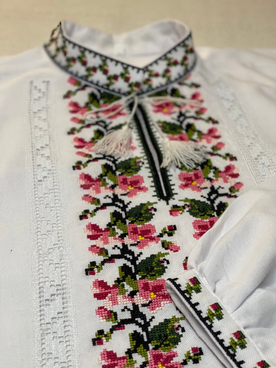 White Men's Vyshyvanka Shirt with Pink Embroidery