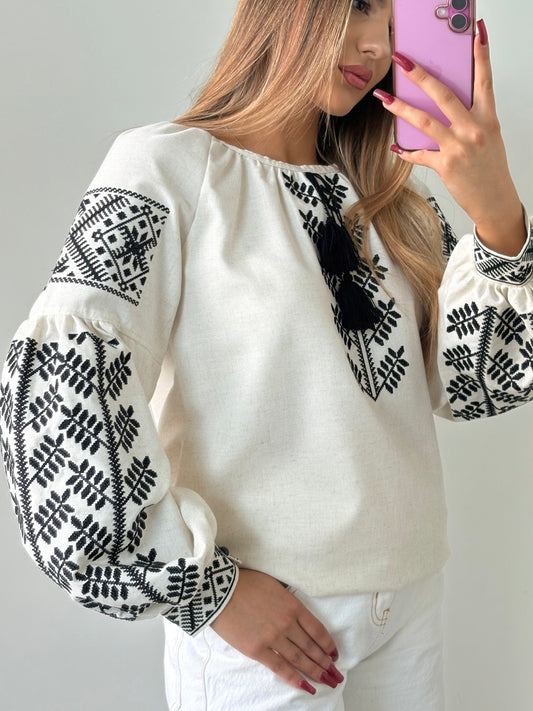 Linen Blouse with Black Embroidery