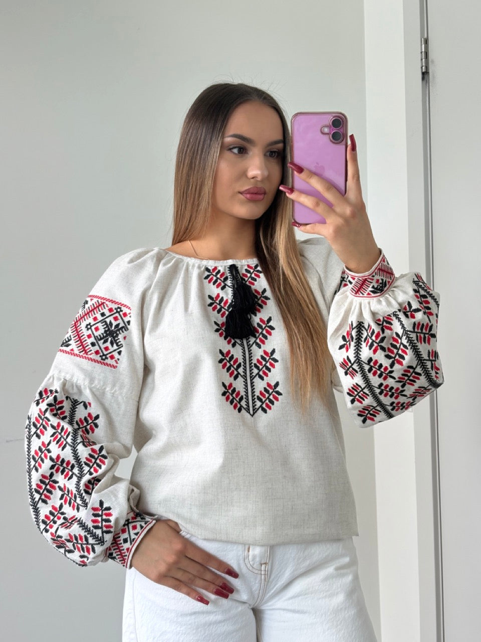 Linen Blouse with Black&Red Embroidery