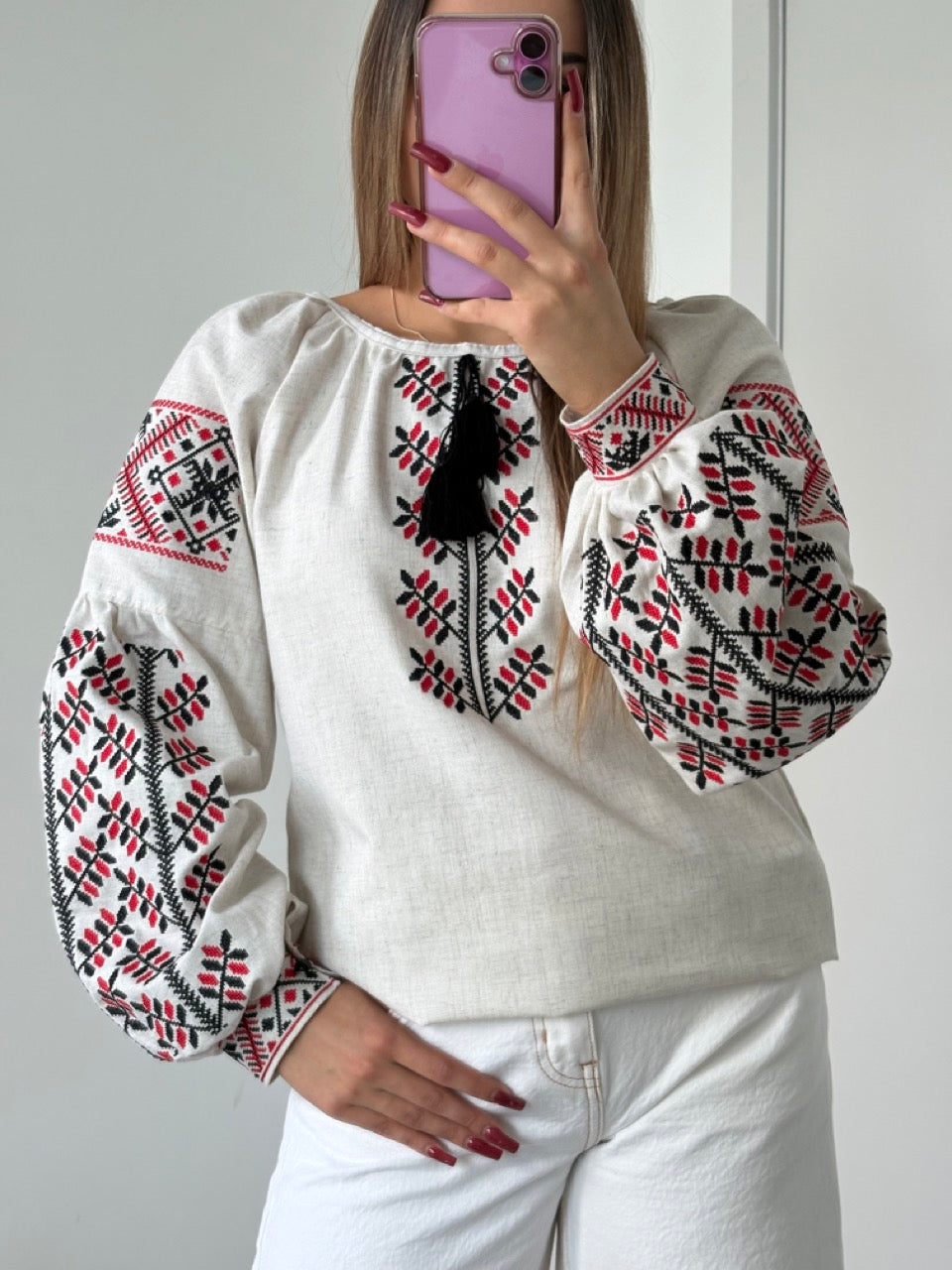 Linen Blouse with Black&Red Embroidery