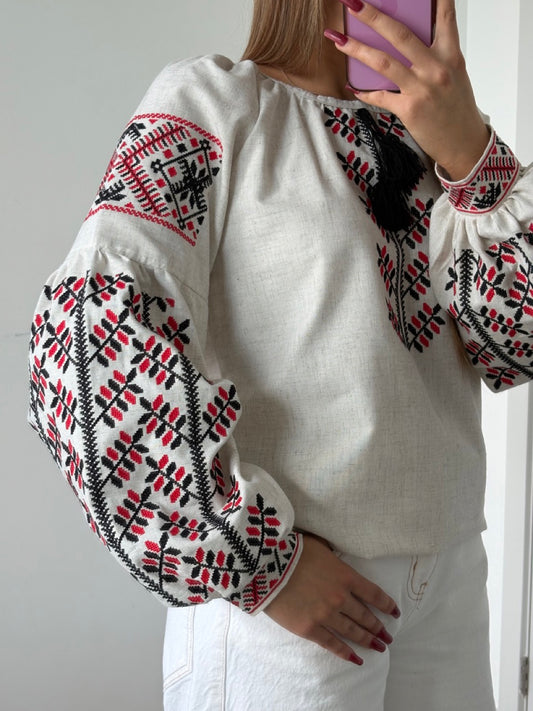 Linen Blouse with Black&Red Embroidery