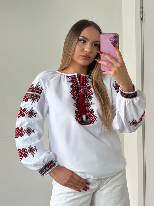 White Blouse with Red Embroidery