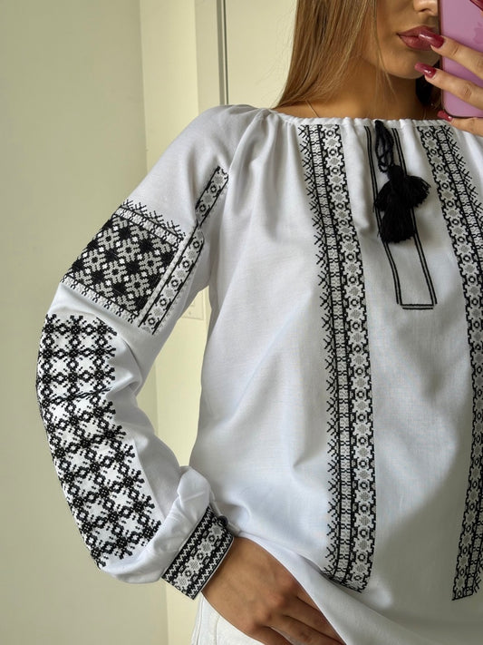 White Blouse with Black Embroidery