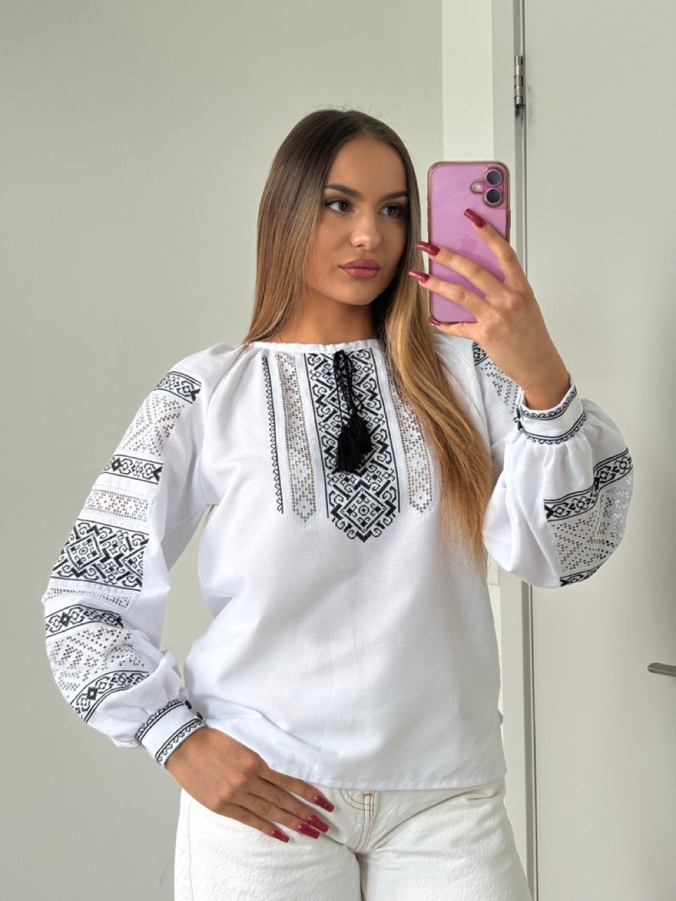 The White Blouse with Elegant Black Embroidery and Richelieu
