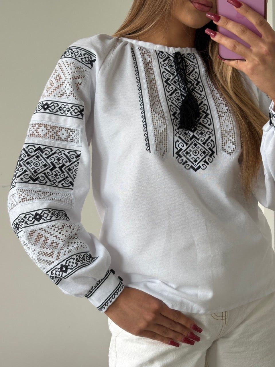 The White Blouse with Elegant Black Embroidery and Richelieu