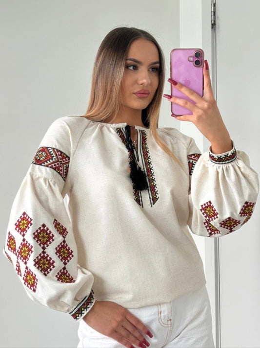 Linen Blouse with Colorful Traditional-Style Embroidery
