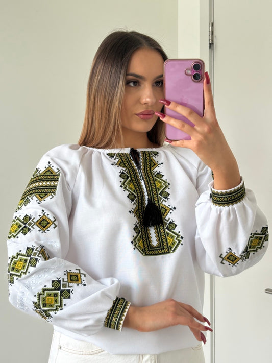 White Blouse with Green&Yellow Embroidery