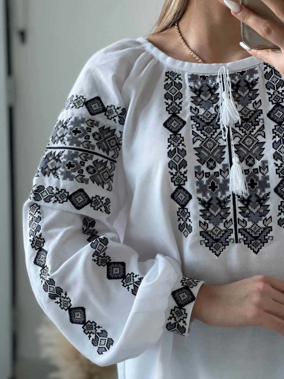 White Men's Ukrainian Vyshyvanka with Grey Embroidery