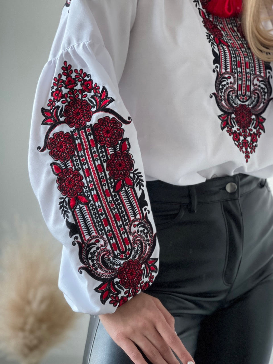 The White Women's Blouse with Red and Black Embroidery