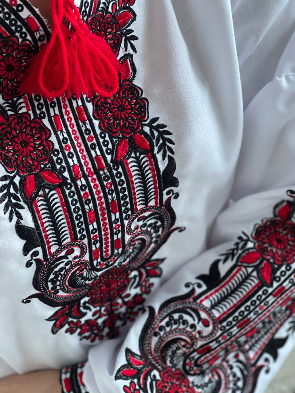 The White Women's Blouse with Red and Black Embroidery
