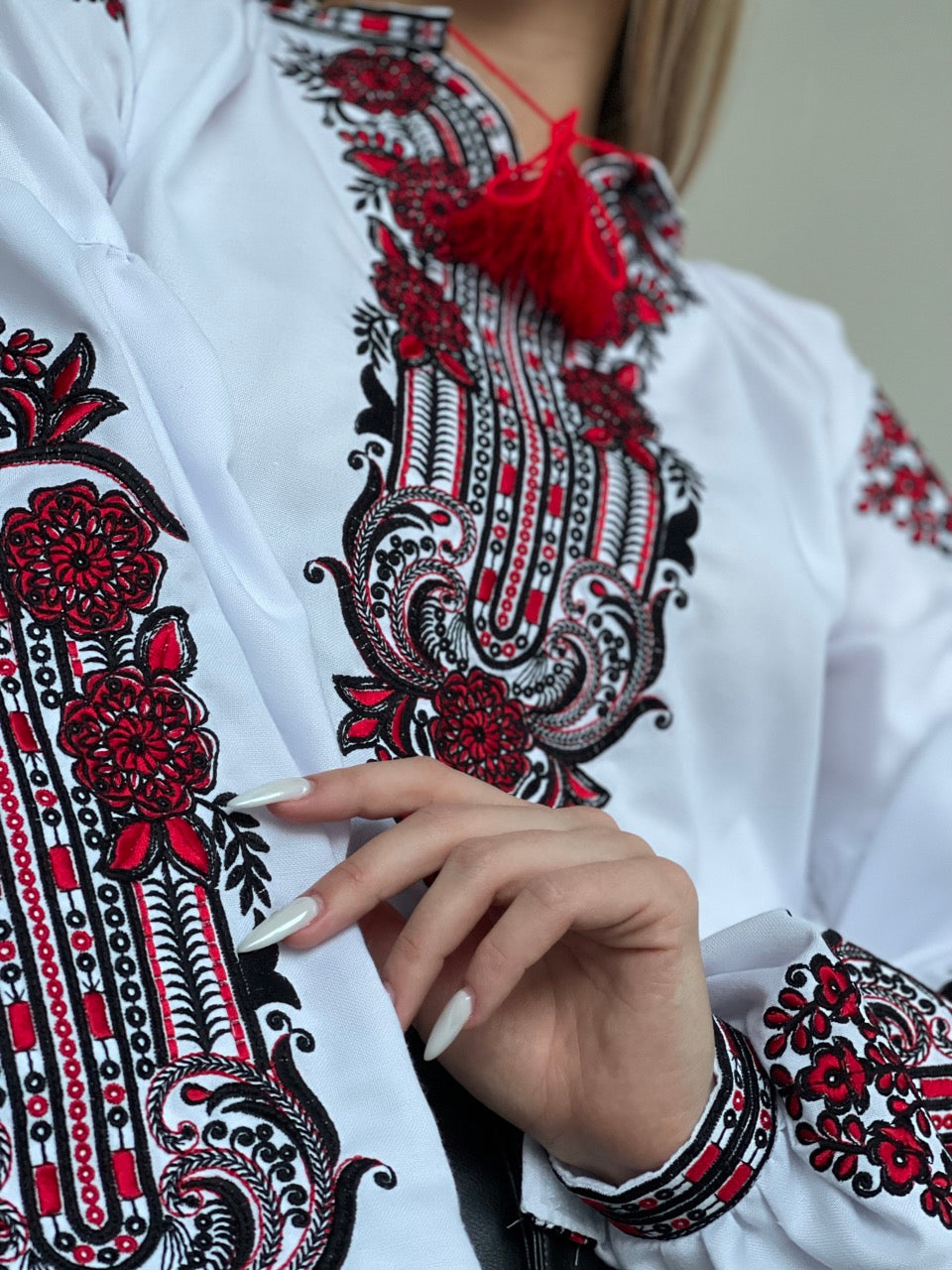 The White Women's Blouse with Red and Black Embroidery