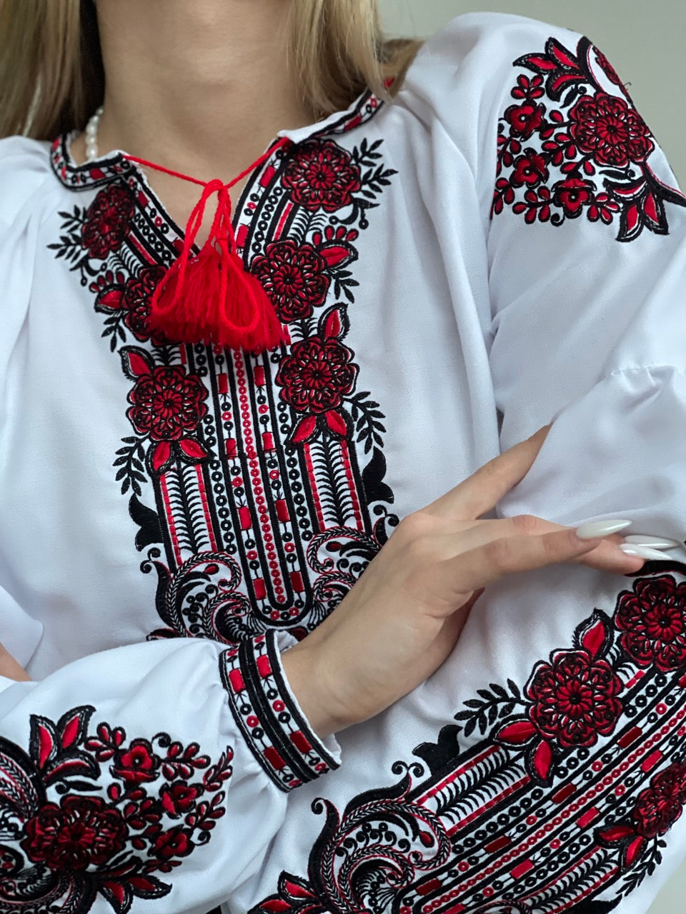 The White Women's Blouse with Red and Black Embroidery