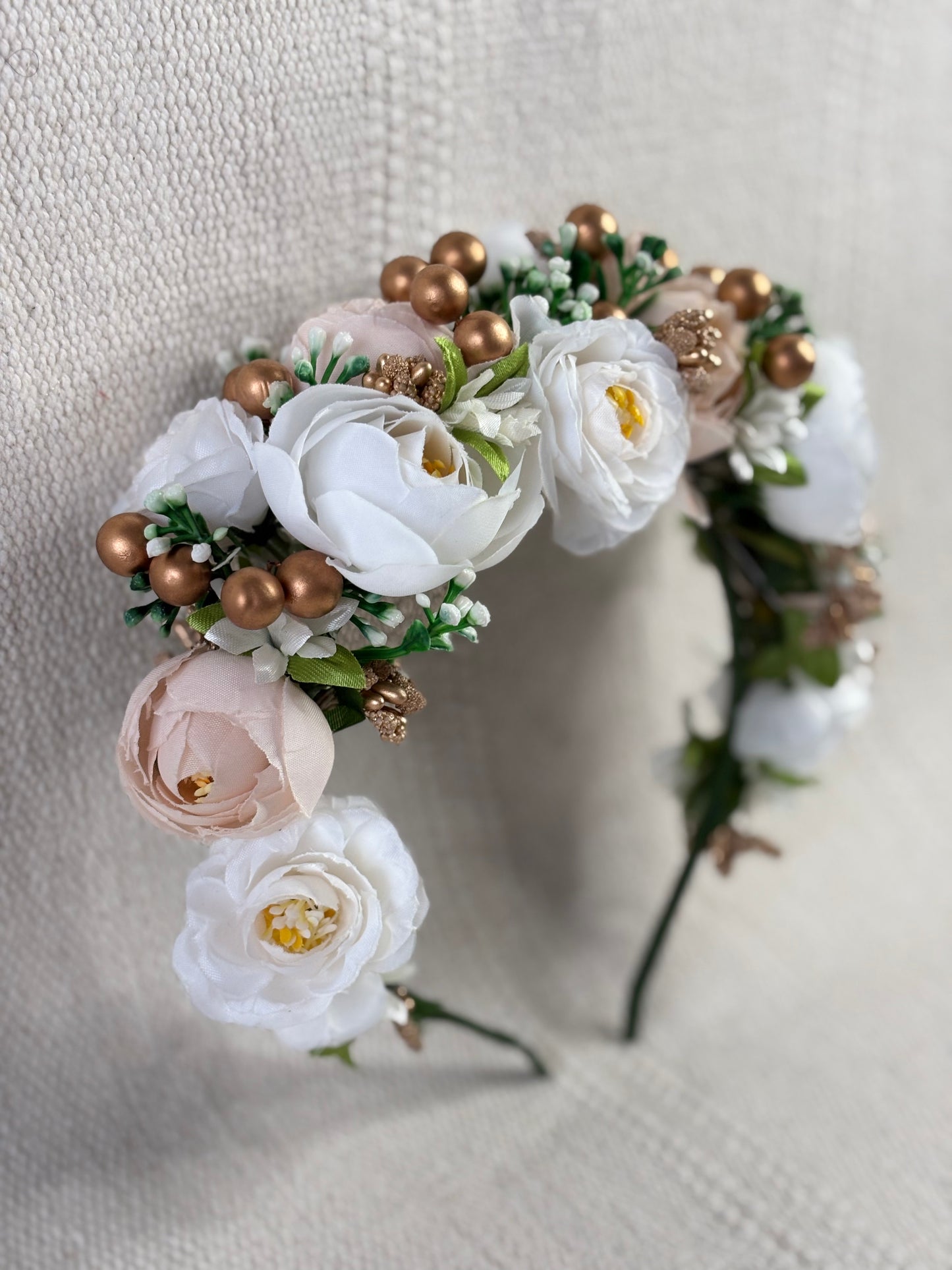 White Handmade Flower Crown with Beige Flowers