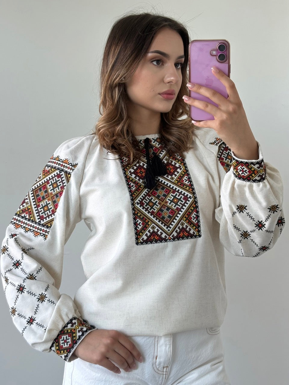 Linen Blouse with Colorful Traditional-Style Embroidery