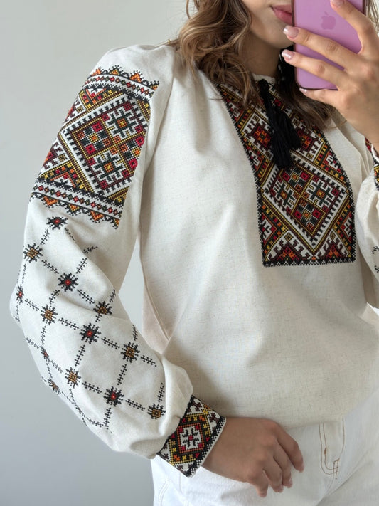 Linen Blouse with Colorful Traditional-Style Embroidery