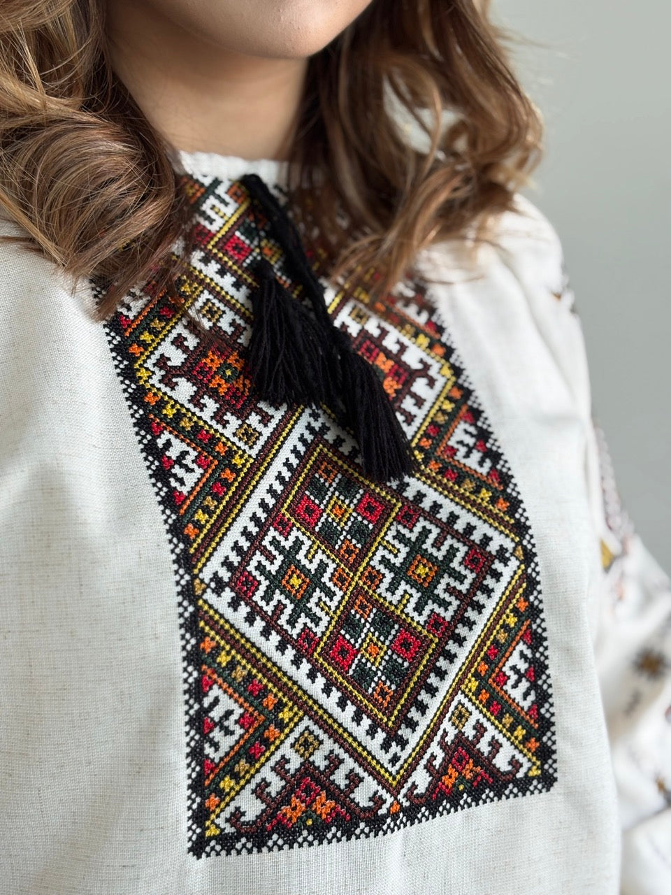 Linen Blouse with Colorful Traditional-Style Embroidery