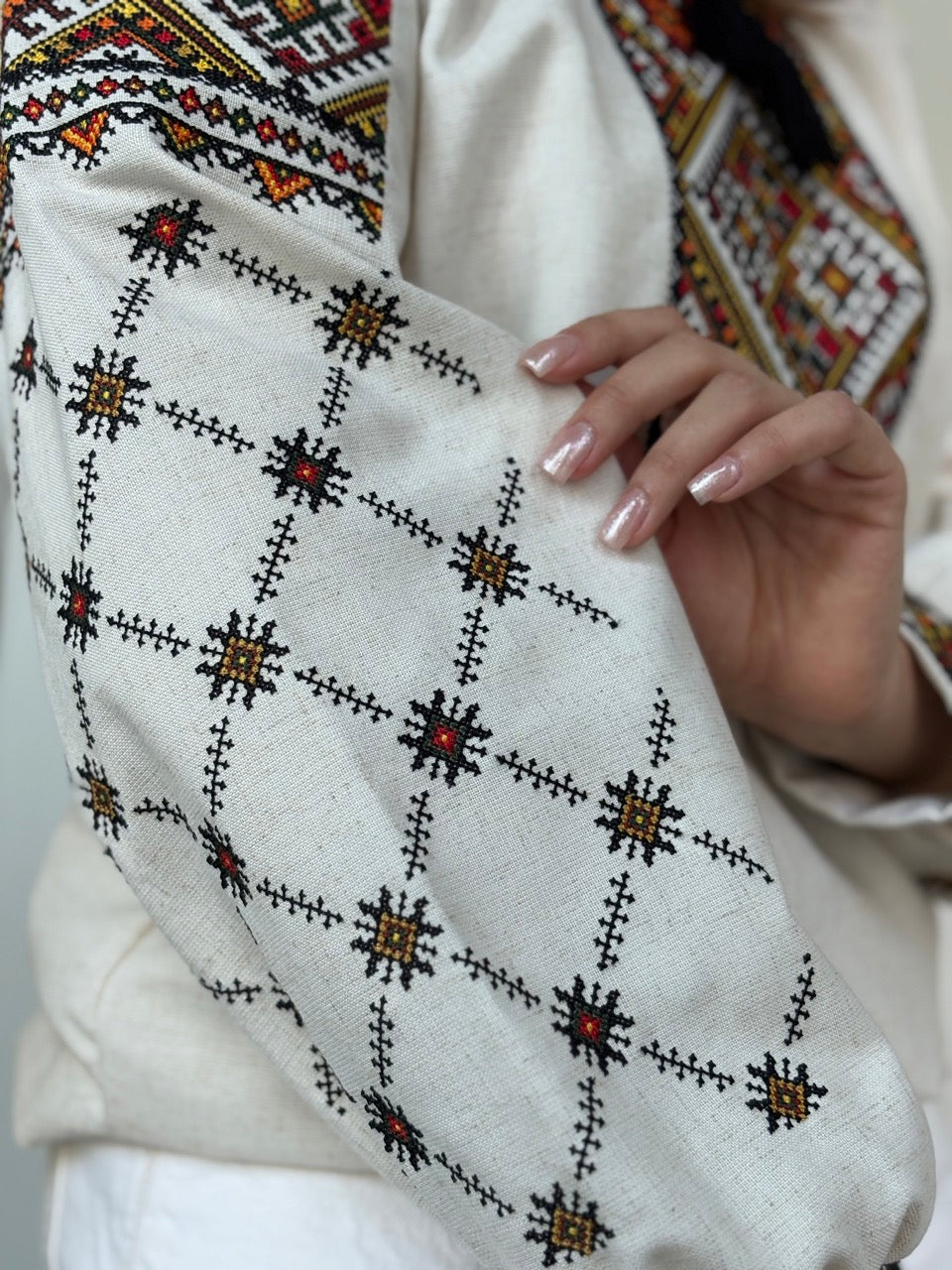 Linen Blouse with Colorful Traditional-Style Embroidery