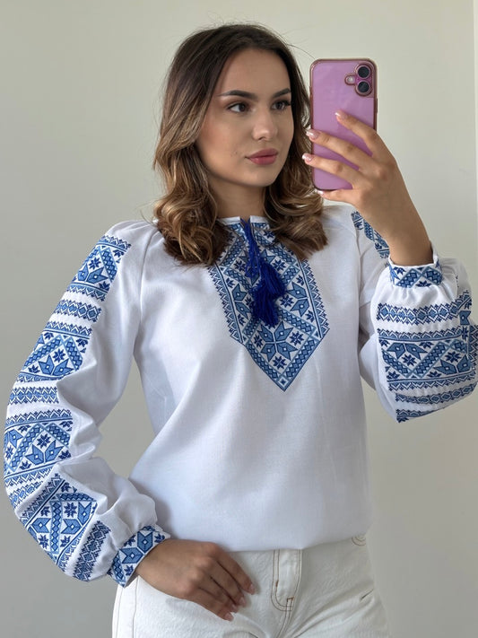White Blouse with Blue Embroidery
