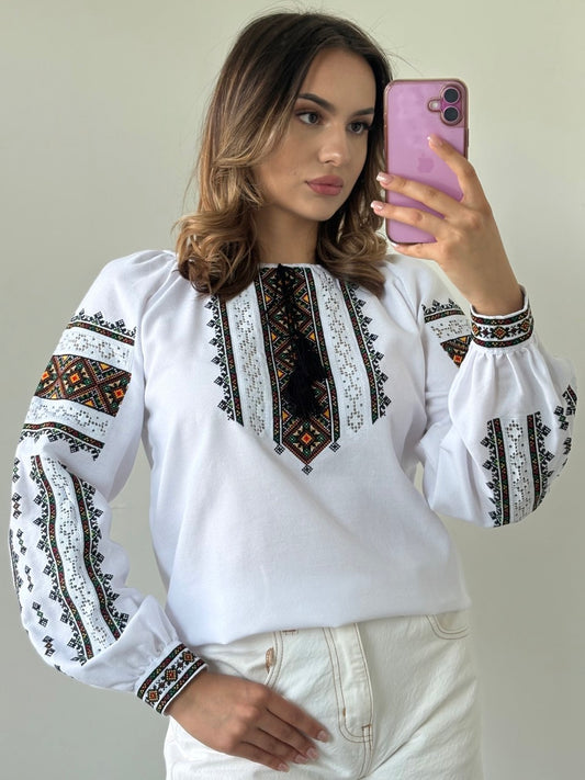 The White Blouse with Elegant Dark Embroidery and Richelieu